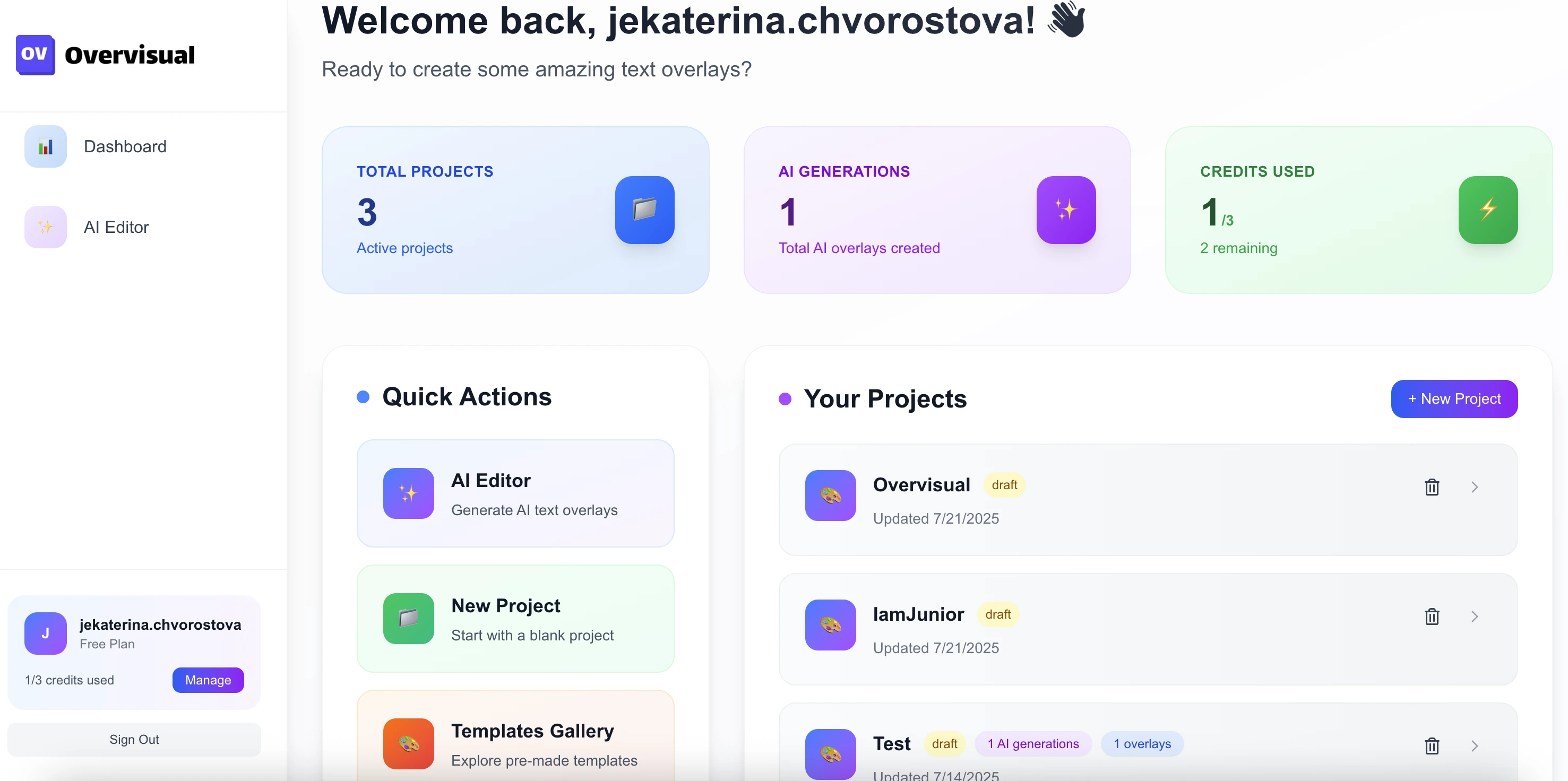 Overvisual AI Editor in action with text input and image preview