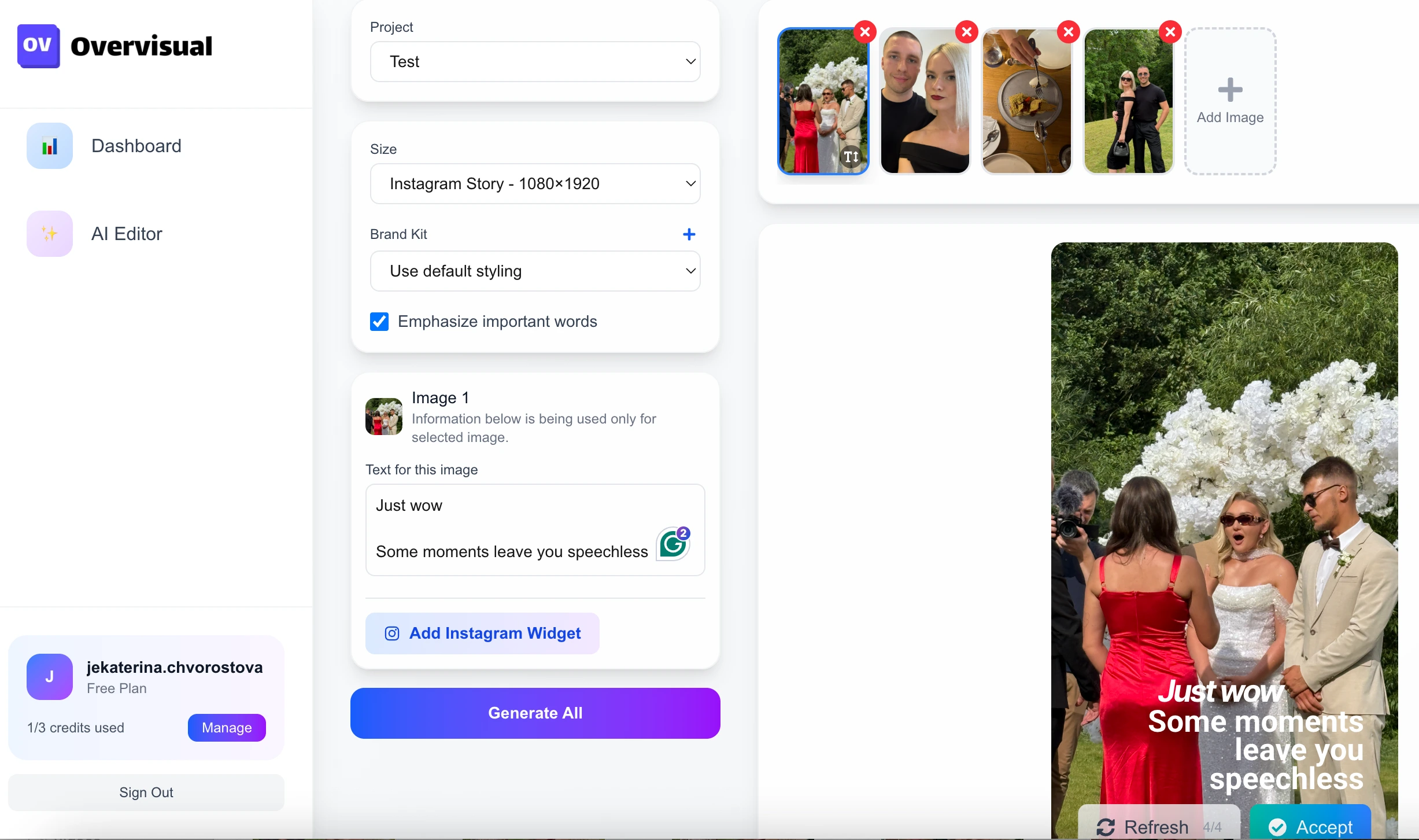 Final story preview carousel with all 4 slides — including wedding & couple moments