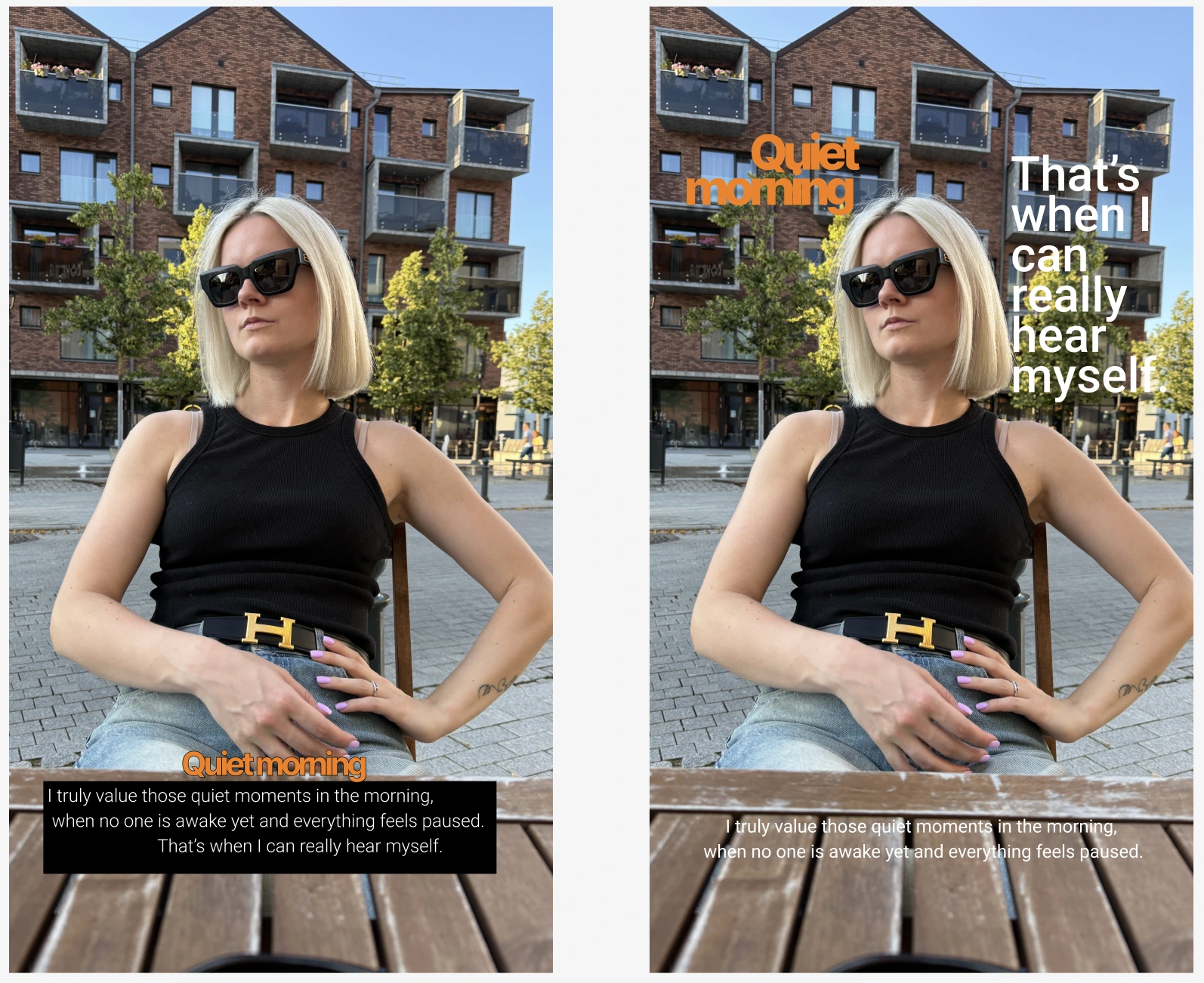 Quiet morning text overlay with different text styling options — e.g., orange/white variants